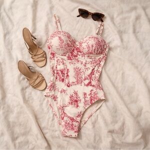 Retro Stage Red Toile Print Corset swimsuit One Piece XL Cottagecore